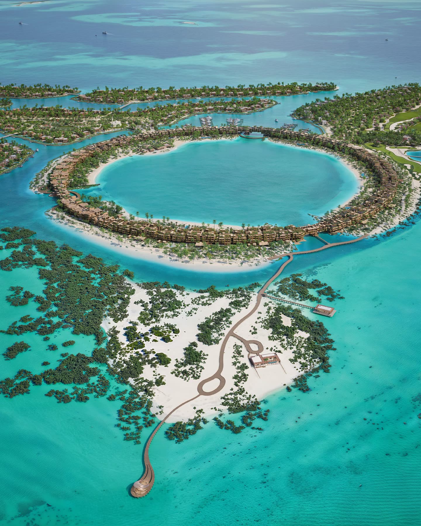 Aerial view of a turquoise ring lagoon island on the Red Sea