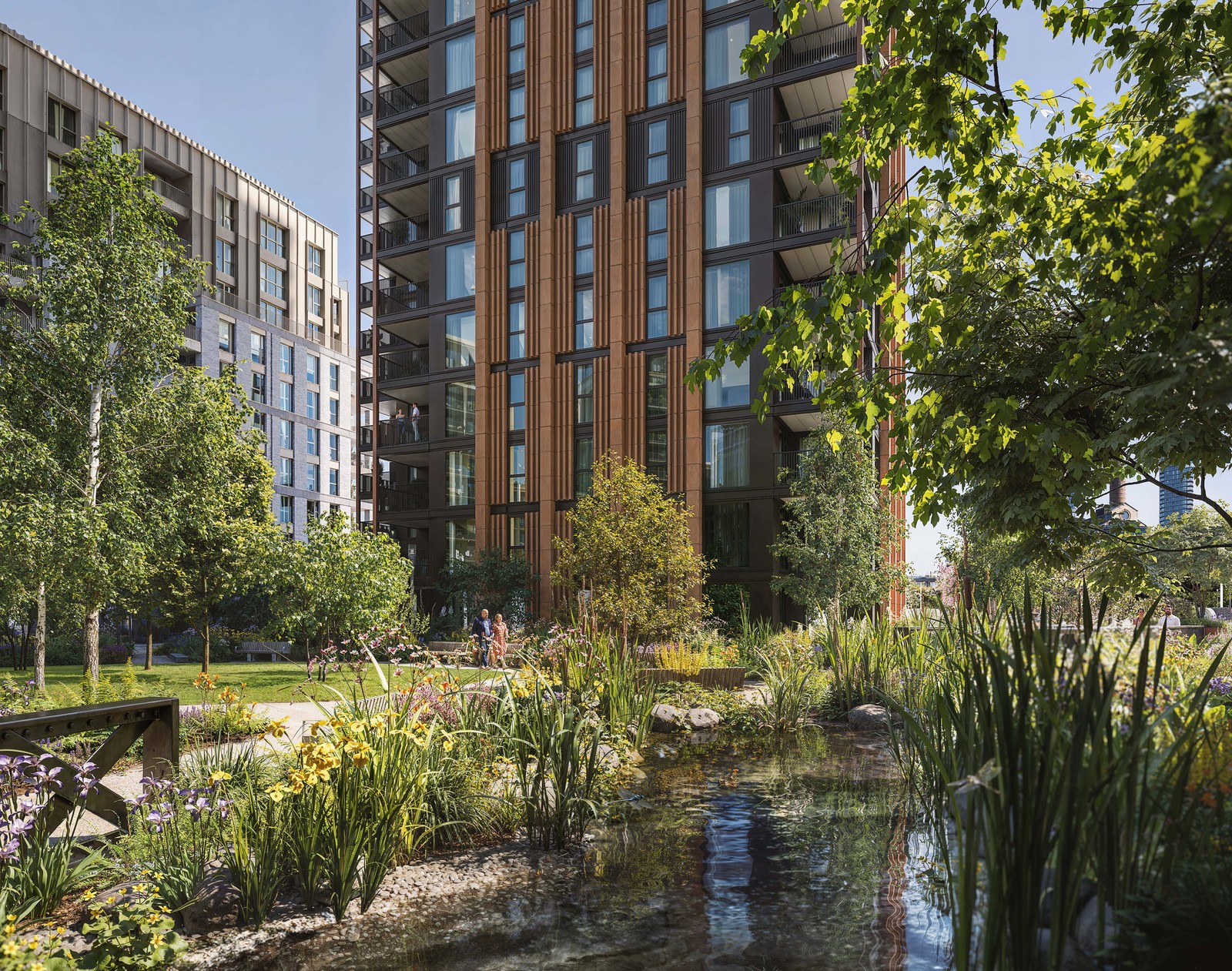 Landscaped gardens and pond at King's Road Park, Fulham