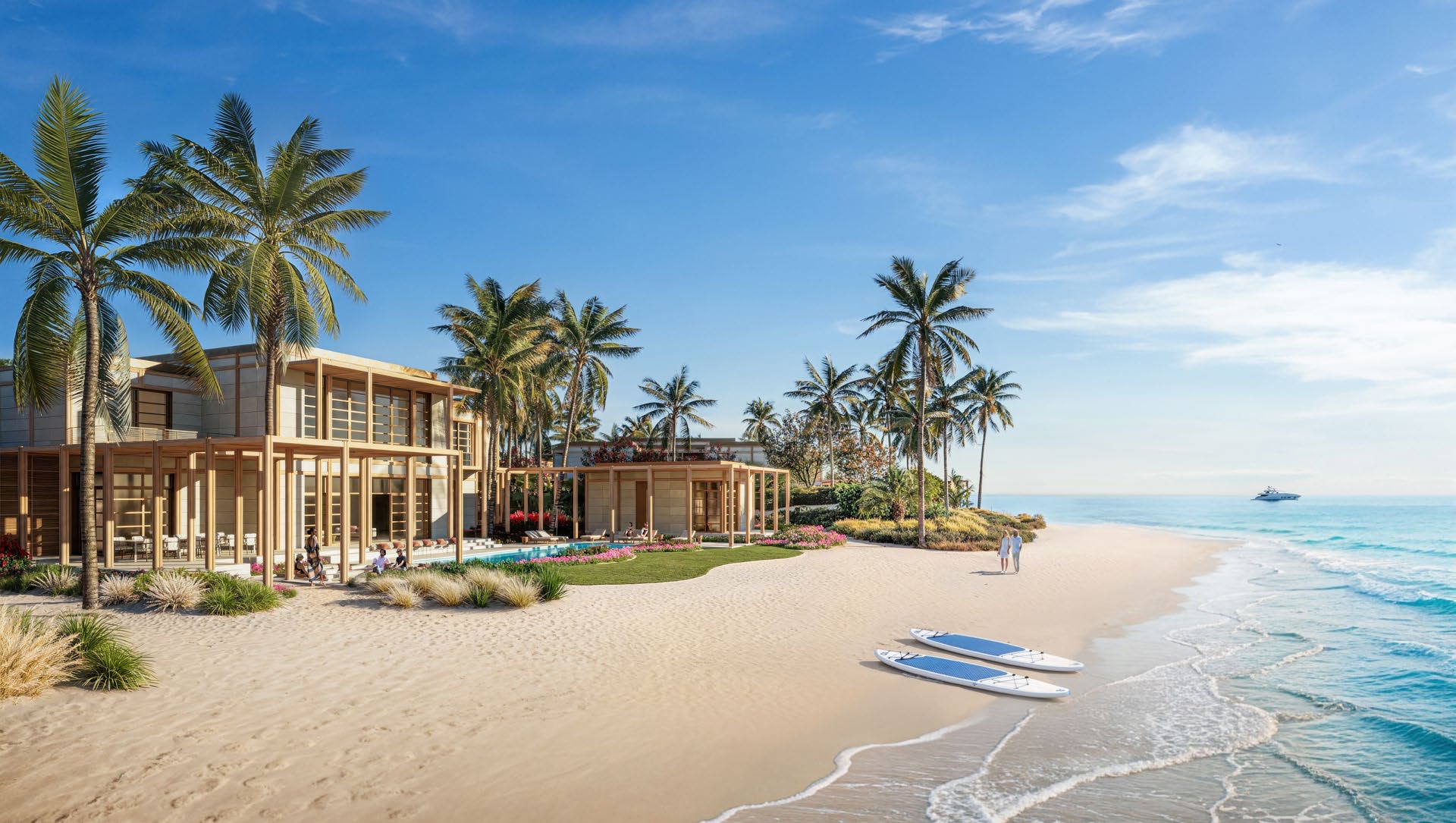 Beachfront residence with palm trees on a private white-sand shore